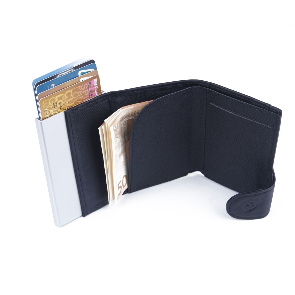 C-Secure Aluminum Card Holder with PU Leather with Coin Pouch - Black